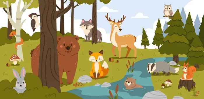 cartoon-forest-animals-summer-woodland-with-bear-fox-and-wolf-hare-and-beaver-in-stream-squirrel-and-badger-owl-and-woodpecker-snake-trees-and-bushes-illustration-vector